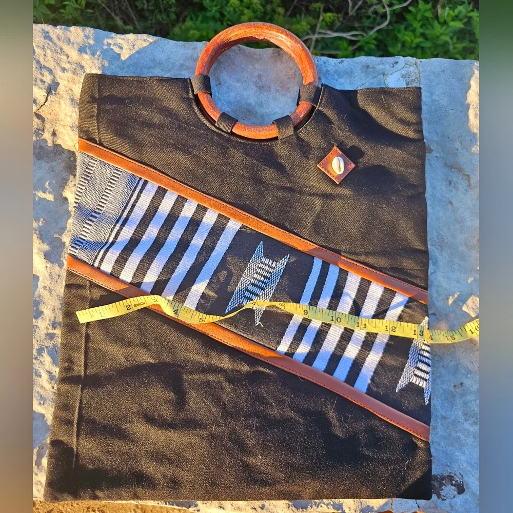 Afrocentric, eclectic, black batik African inspired round wood handle bag